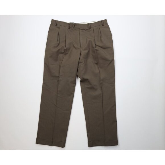 Vintage 90s Ralph Lauren Mens 38x30 Wool Knit Pleated Wide Leg Chino Pants Brown